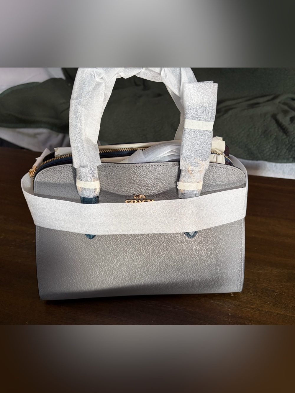 NWT Coach Heather Gray Multi Color Pebbled Leather Satchel with Gold Logo